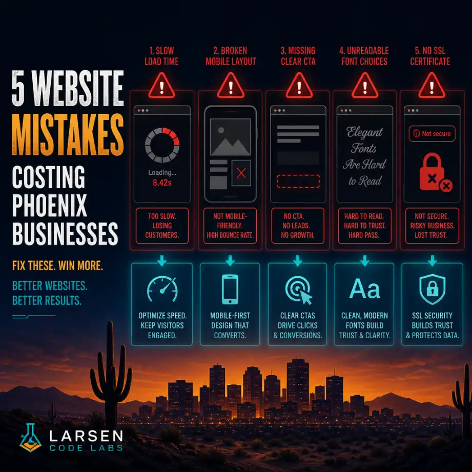 Five common website mistakes costing Phoenix small businesses customers, illustrated on a laptop screen