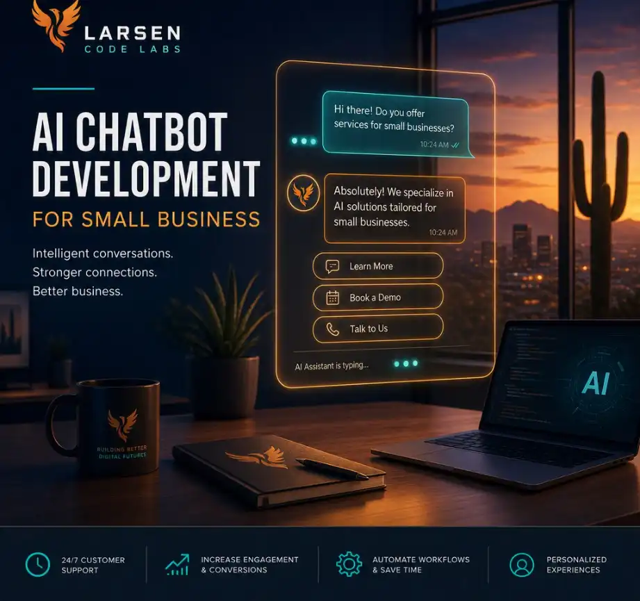 Custom AI chatbot agent development for small business, shown as a conversational interface on a screen