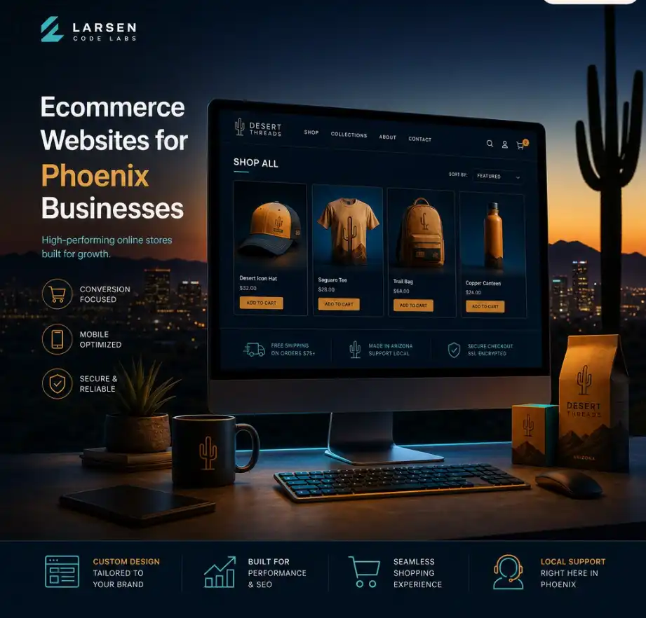 Ecommerce website design for a Phoenix Valley and Maricopa County business, shown on desktop and mobile