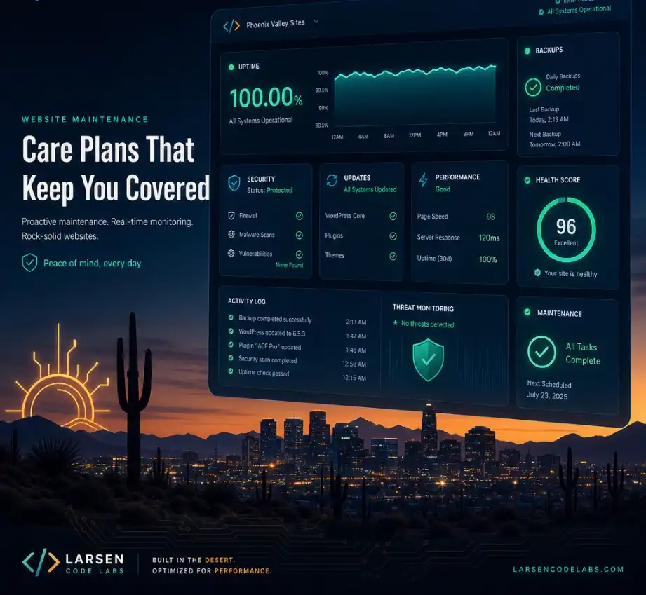Larsen Code Labs website care plans for Phoenix businesses, covering updates, backups, and security