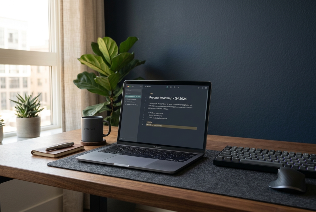 A clean modern setup displaying code modules, wireframes, and scalable SaaS metrics on sleek monitors