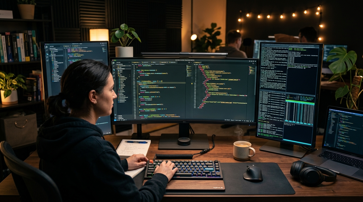 A warm ambient developer workspace featuring dual programming screens with glowing code syntax, representing deep-focus engineering execution