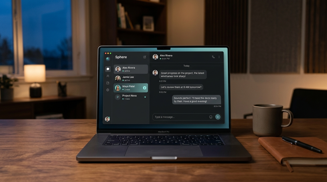 A digital workspace with a clean dark chat app interface on a laptop screen under warm ambient lighting, representing focused and calm workplace communications