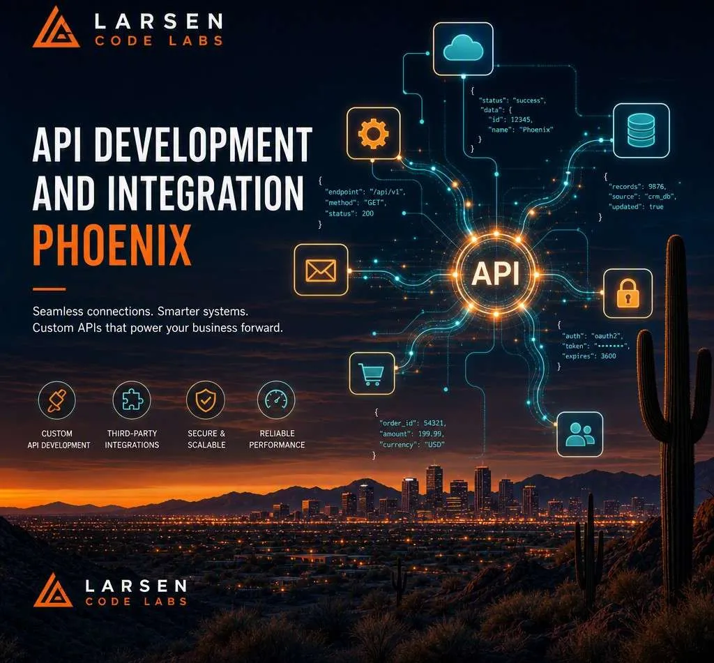 API development and integration diagram connecting business systems through a central gateway