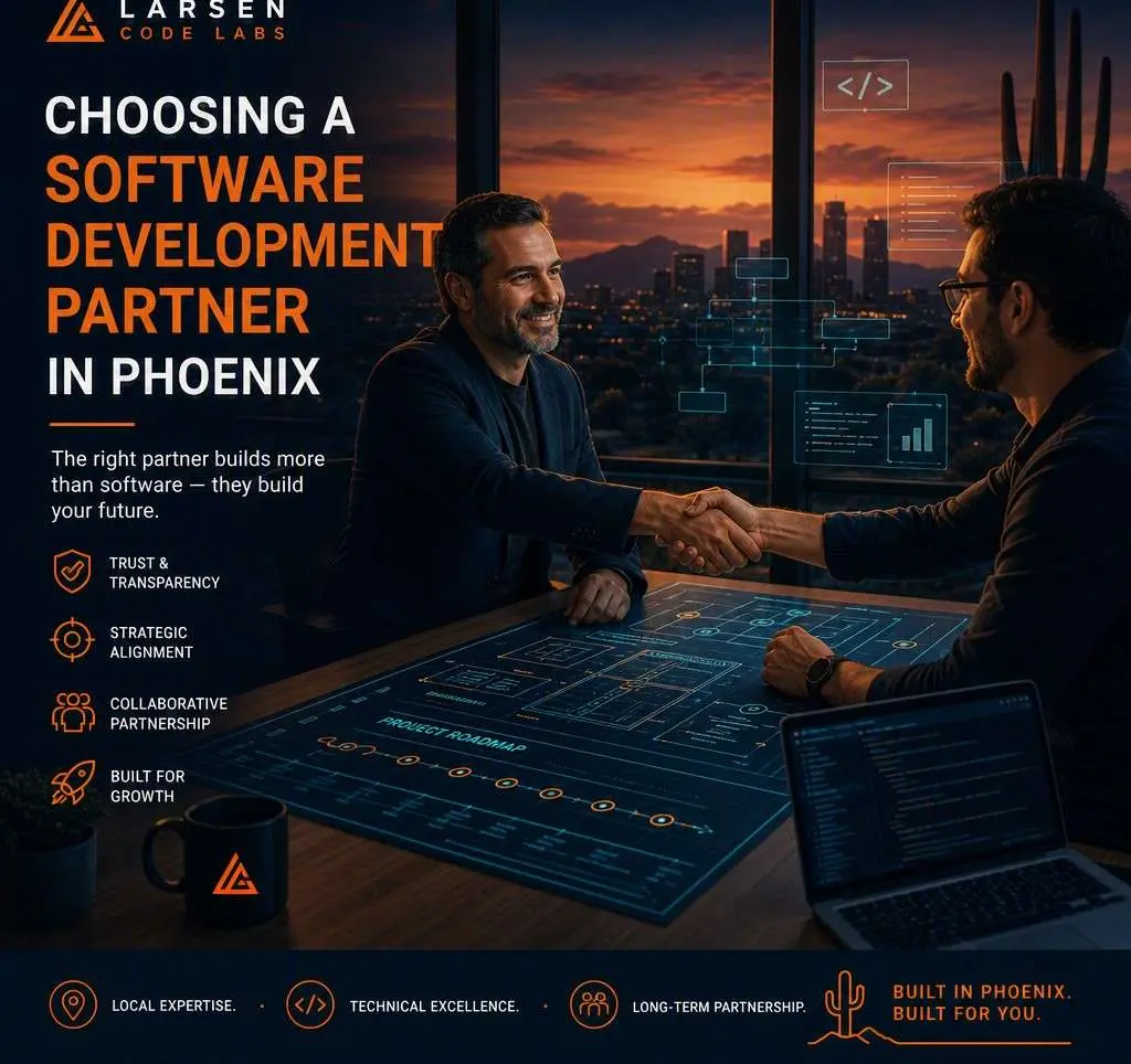 Two people shaking hands over a project roadmap, illustrating how to choose a software development partner in Phoenix
