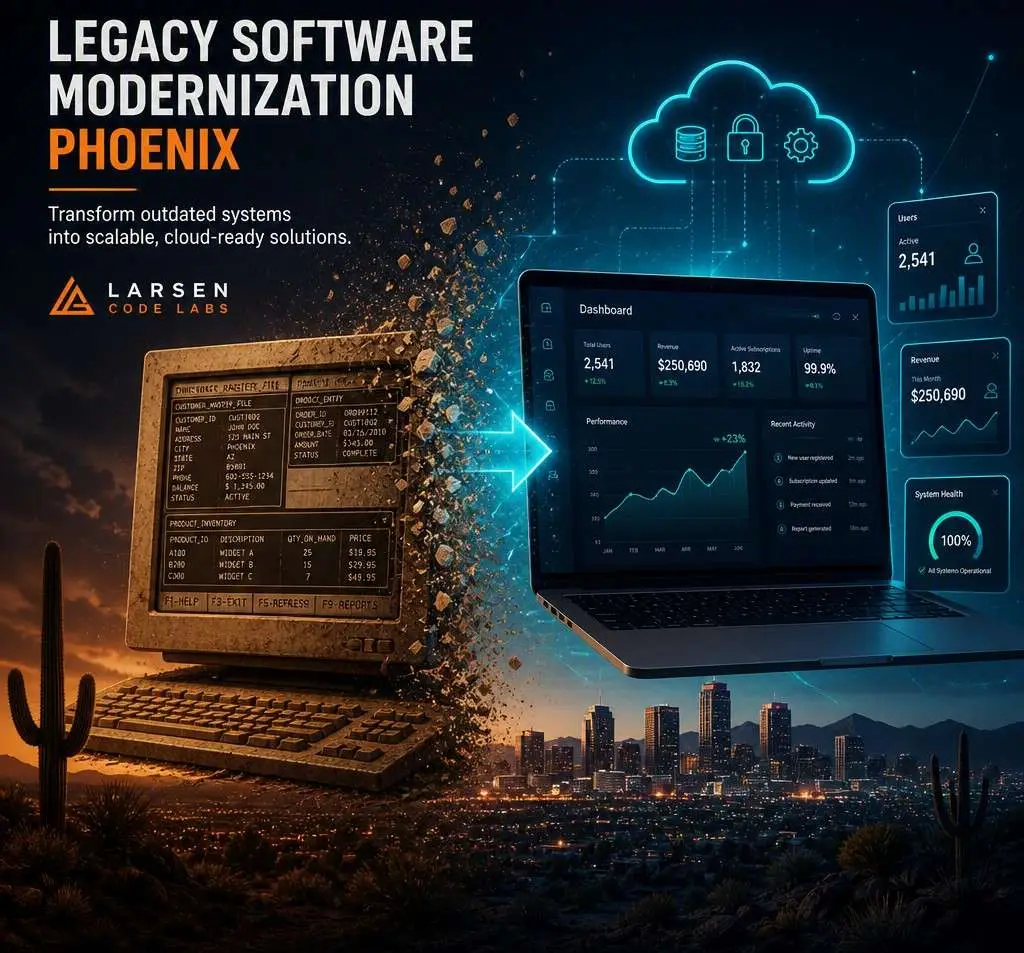 Legacy software modernization diagram showing an aging system being rebuilt on a modern stack