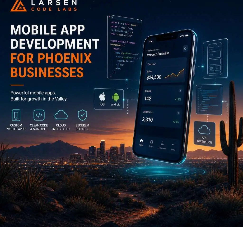 Mobile app development for businesses, showing iOS and Android app screens