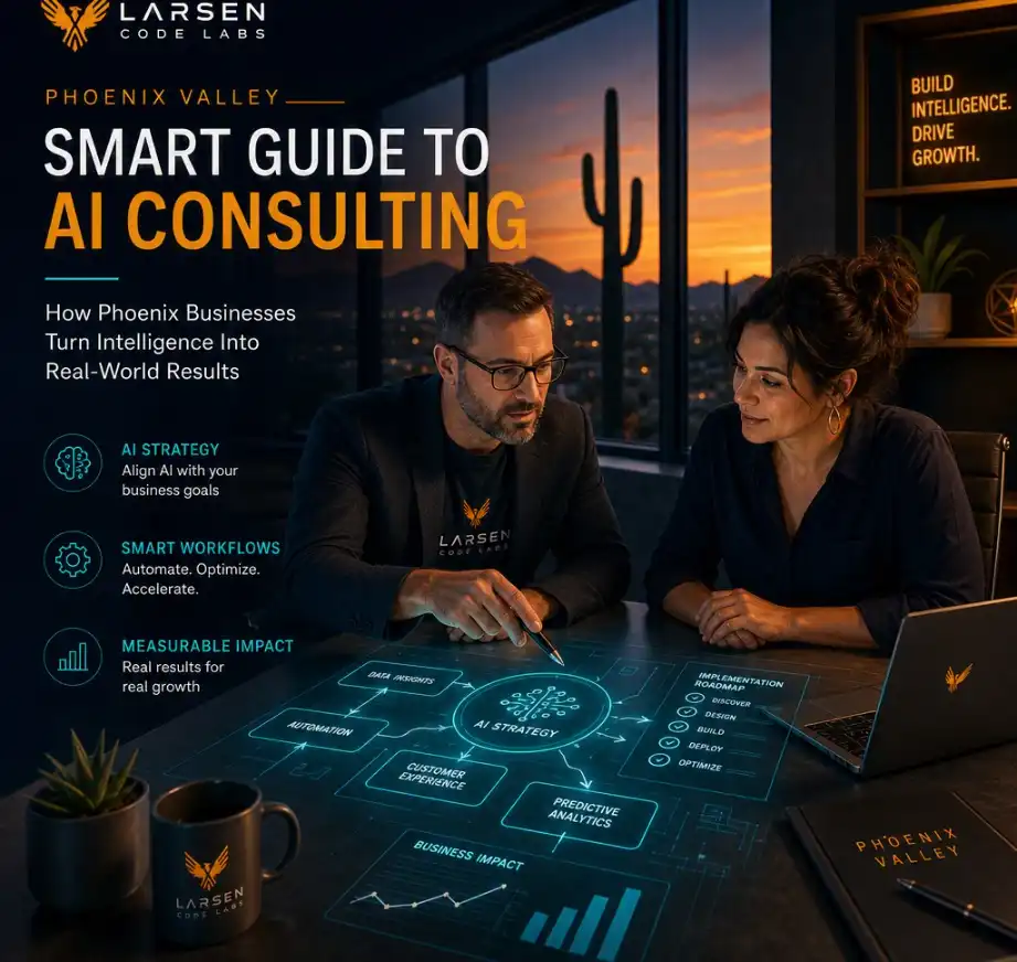 A smart guide to AI consulting for Phoenix Valley small businesses, showing an advisor mapping automation opportunities